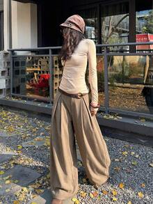 Coolane Quần dài nữ mùa hè kiểu vintage, phong cách hippie, dáng rộng, màu xanh rêu quân đội. - Màu Khaki - Xem 2
