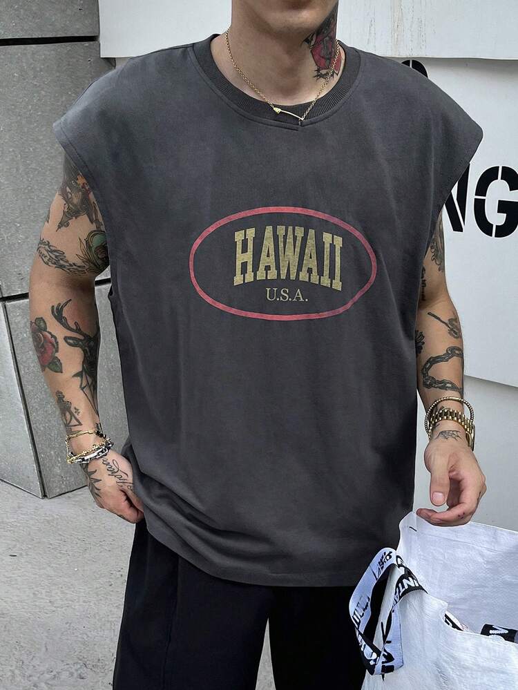 Men's Summer Casual Wide Strap Round Neck Tank Top With Letter Print