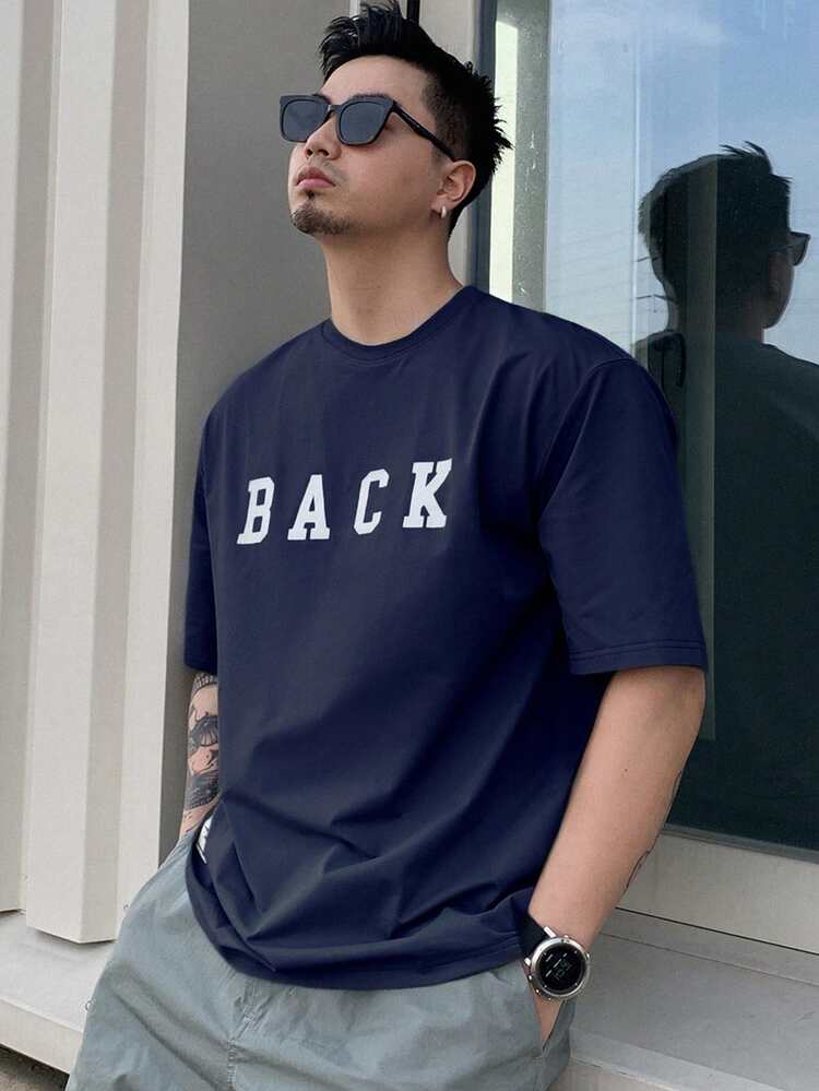 Men's Navy Blue Letter Print T-Shirt, Summer,Graphic Tees