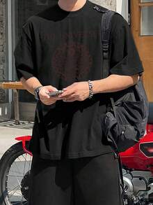 DAZY 男士黑色短袖圆领字母印花T恤，适合度假夏季穿着 - 黑色 - 查看 3
