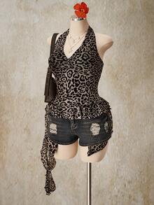 SHEIN ICON Plus Size Women's Retro Y2K Sexy Leopard Print Ruffle Hem Chest Pleated Halter Neck Tie Camisole - Multicolor - View 7