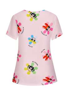 PopScrub THE POWERPUFF GIRLS X SHEIN Women's Short Sleeve Floral Print Nurse Scrub, Pocket Design Short Sleeve Scrub Top - Baby Pink - View 2