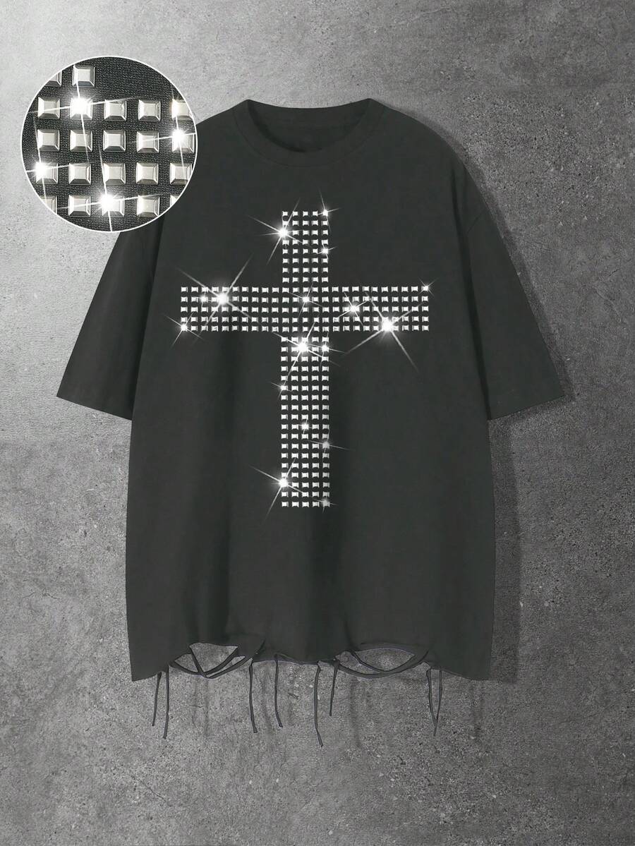 ROMWE MEN Camiseta de manga corta con cuello redondo y decoración de remaches para hombre - Gris Oscuro - Ver 1