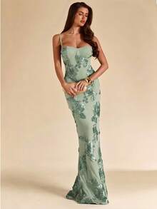 SHEIN BAE Women's Green Knitted Cami Maxi Dress With Spaghetti Strap Neckline And Plant Pattern For Party - Green - View 4