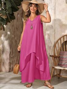 EMERY ROSE Plus Size Women V-Neck Sleeveless 2 In 1 Rose Red Long Flowy Dress,Pastel Pink,Summer,Boho,Beach,Holiday,Vacation Outfits,Spring Break,Casual Wear - Hot Pink - View 4