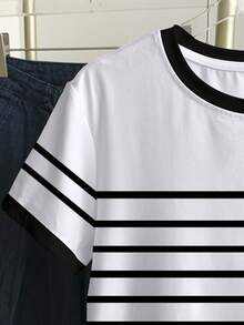 Franclia Kaos Wanita Lengan Pendek Bergaris Motif Ksatria Blok Warna Kasual Kerah Bulat - Putih - View 4