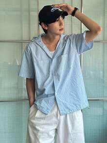 DAZY Men's Striped Blue Hooded Short Sleeve Button-Up Shirt, Summer - Blue - View 1