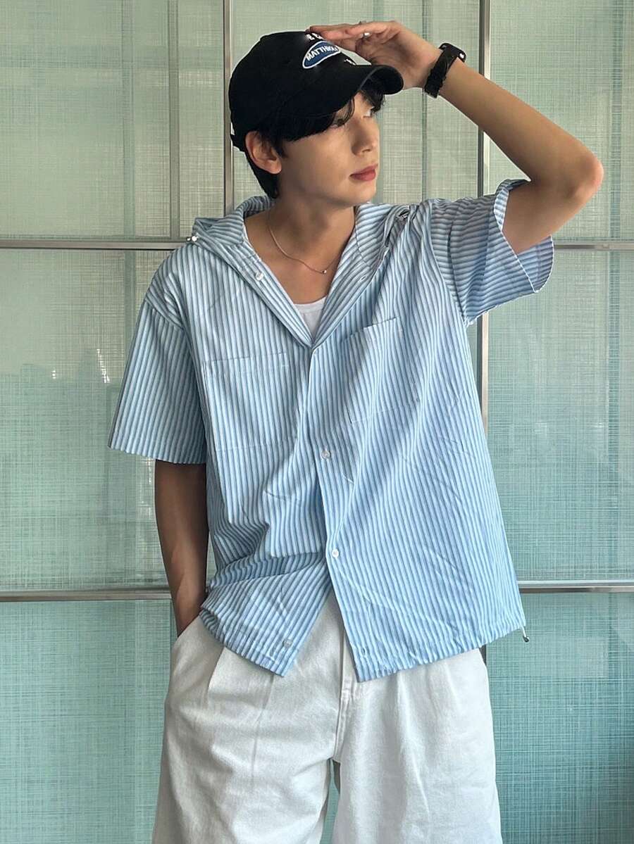 DAZY Men's Striped Blue Hooded Short Sleeve Button-Up Shirt, Summer - Blue - View 1