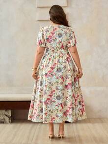 Roveilla Robe imprimée à encolure en V, taille froncée, drapée, pour grandes tailles, printemps/été - Nude - Voir 2
