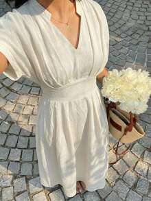 Lumalex Đầm dài đến mắt cá chân xòe rộng, tay lửng, chất liệu 100% cotton, thoải mái, có túi, dành cho nữ. - trắng - Xem 10