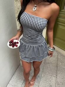 FavEase Casual Plaid Bandeau Waist Mini Dress For Women, Spring/Summer - Black and White - View 3