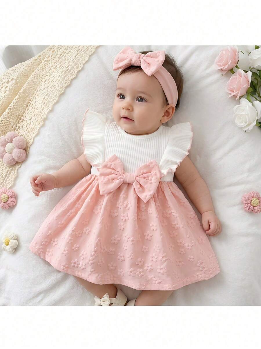 Loomiva Newborn Baby Girl Contrast Color Bow Soft Round Neck Ruffle Hem Cinched Waist Dress - Multicolor - View 1