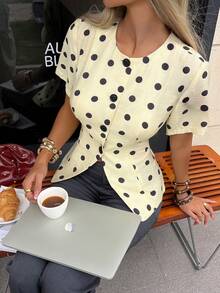 Siren Gaze Women's Black White Polka Dot Pattern Short Sleeve Single-Breasted Casual Shirt,Summer,Elegant,Vintage,Tea Party Tea Party Flattering Top - Light Yellow - View 2