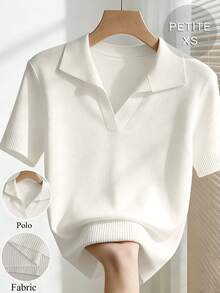 SHEIN PETITE 女士白色 Polo 领短袖上衣，适合娇小身材，柔软舒适，适合海滩度假风格，百搭修身，薄针织衫 - 白色 - 查看 1