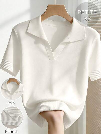 SHEIN PETITE 女士白色 Polo 领短袖上衣，适合娇小身材，柔软舒适，适合海滩度假风格，百搭修身，薄针织衫