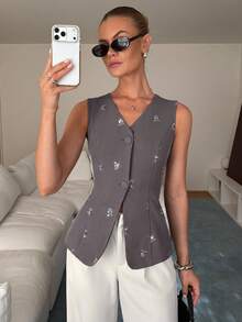 Lavishia Women's Gray Beaded Vest, Luxury Elegant Fashionable Waistcoat For Outing, Party, Wedding Season,Summer Top - Grey - View 3