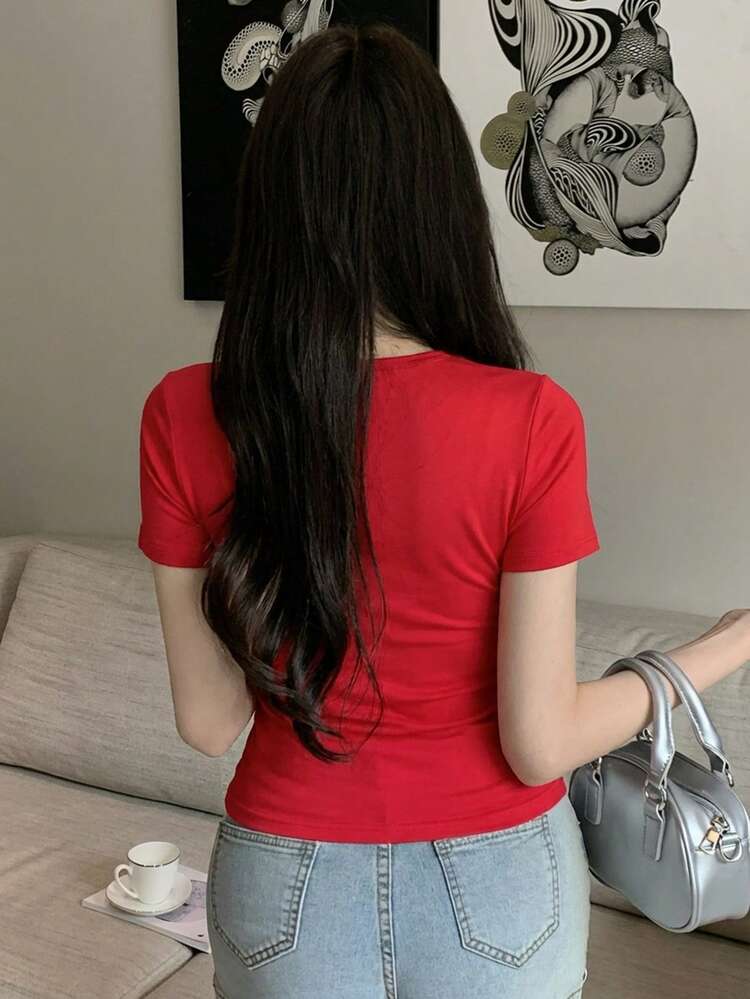 Women's Solid Color Scoop Neck Fitted Pleated Short Sleeve T-Shirt, Summer