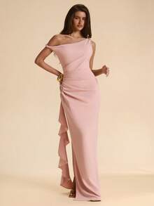 SHEIN BAE Vestido de dama de honor de unicolor para primavera y verano, vestido largo elegante con pliegues, abertura alta, volantes y hombros oblicuos, vestido sexy con nudo retorcido y hombros descubiertos para fiestas - Rosa Pálido - Ver 6