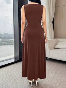 Feyla Waist Ruched, Metal Decor Button, Cinched Waist, Elegant Cocktail Party & Work Versatile Dress - Coffee Brown - View 5