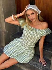MainGRL Green And White Gingham Off Shoulder Ruffle Mini Dress Summer Modest Fairycore Elegant Sexy Tropical Picnic Vacation Outfit For Women Bubble Hem - Green - View 5