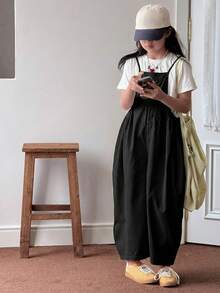 Dazy Kids Tween Girls' Solid Color Spaghetti Strap Sleeveless Loose Jumpsuit, Spring/Summer - Black - View 5