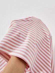 SHEIN Retro European And American Y2K Style Striped Short-Sleeved T-Shirt For Girls And Teenagers, New Summer Style, V-Neck, Button-Down, Raglan Sleeves - Pink - View 4