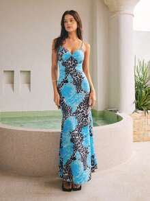 zorvine Đầm ôm sát dáng đuôi cá không tay cổ chữ V in họa tiết da báo dành cho nữ, kiểu dáng gợi cảm và lãng mạn, thích hợp cho mùa xuân/hè. - Màu xanh bạc hà - Xem 3