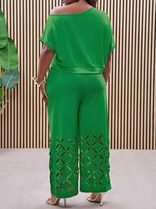 Slaydiva Conjunto de dos piezas de talla grande con bordado floral y hombros descubiertos, ligero y elegante para ocasiones festivas - Verde - Ver 2