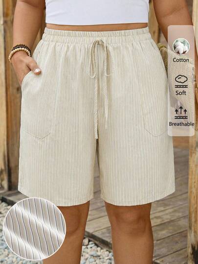 SHEIN LUNE Plus Size Women Contrast Color Striped Fabric Comfortable Casual Shorts, Suitable For Summer