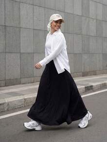 Solavon Falda maxi de cintura con banda ancha - Negro - Ver 4