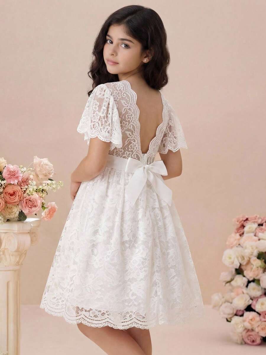 Pitira Kids Tween Girls Elegant White Lace Dress, Summer Wedding Flowergirl Dress, Ruffle Sleeve Backless Cinched Waist Rhinestone Fit And Flare Princess Gown, Formal - White - View 1
