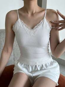DAZY Camiseta de tirantes de mujer de unicolor con encaje y acanalado para el verano - Blanco - Ver 3