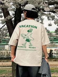 DAZY 男士夏季圆领短袖休闲字母印花T恤、图案T恤 - 米色 - 查看 1