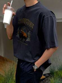 DAZY Men's Casual Letter Print Crew Neck Short Sleeve T-Shirt, Summer,Graphic Tees - Navy Blue - View 6