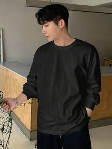 DAZY Men's Casual Solid Color Long Sleeve T-Shirt, Versatile For Autumn, Fall - Black - View 7