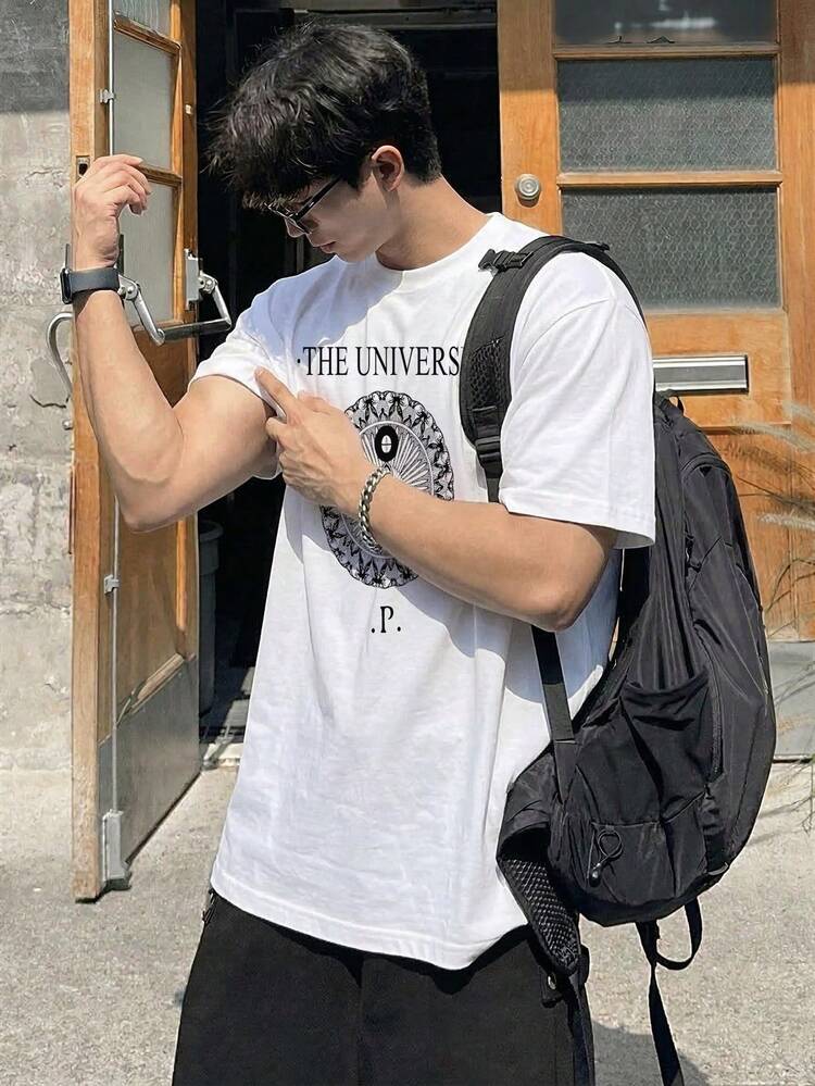 Men's Round Neck White T-Shirt With Letter Print Summer