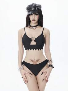 ROMWE Áo bikini hai dây kiểu Gothic dành cho nữ - màu đen - Xem 6