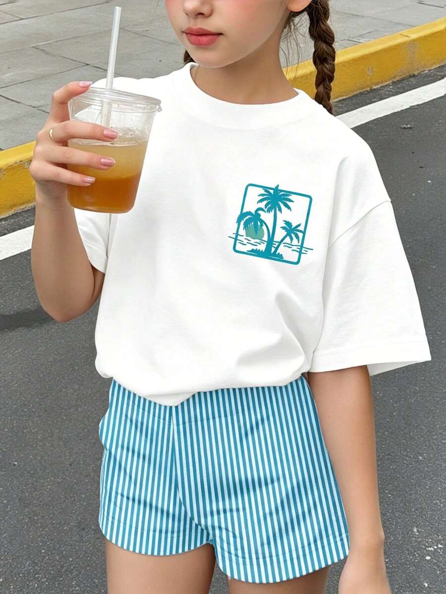 两件套女童休闲条纹棕榈树印花圆领短袖T恤和短裤,适合春夏日常穿着、街头风、度假、农场、度假村等场合。 - 彩色 - 查看 1