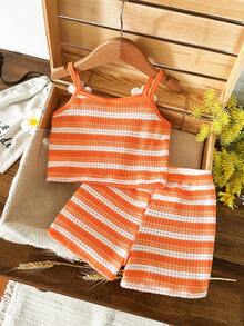 SHEIN Vintaside Kids 2 Pieces Baby Girl Fashion Holiday Pattern Camisole And Shorts Set, Suitable For Summer Vacation Travel - Orange - View 2
