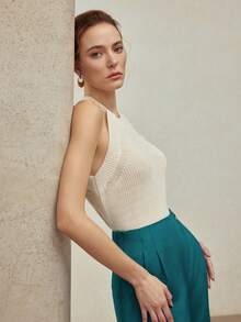 MOTF PREMIUM SOLID COLOR HALTER NECK KNIT TOP, SPRING/SUMMER - White - View 2