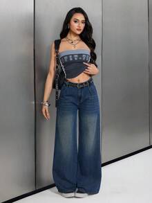 Jeanoix Jeans rectos y sueltos de moda casual para mujer, adecuados para primavera y verano - Azul lavado oscuro - Ver 3