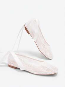 蝴蝶结夏季新款女士平底鞋，舒适透气蕾丝网面平底鞋，时尚休闲温柔优雅芭蕾舞鞋 - 白色 - 查看 5