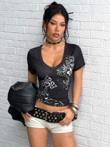Jeanoix Women's Sexy Baddie Dark Punk Vintage Deep V-Neck Graphic Print Rhinestone T-Shirt - Black - View 6