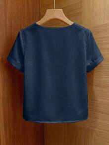 Franclia Blusa de manga corta con cuello redondo, abertura y decoración de perlas de unicolor, estilo francés de moda para mujer, primavera/verano - azul real - Ver 2