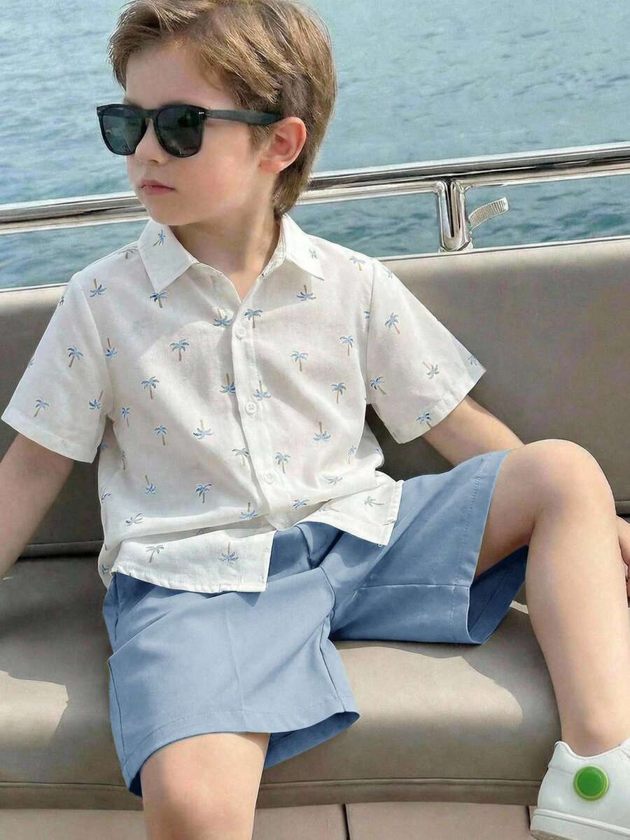 SHEIN LMoss Kids 2pcs Young Boy Woven Cartoon Coconut Tree Pattern Shirt Top And Solid Color Elastic Waist Shorts Set - Blue - View 1
