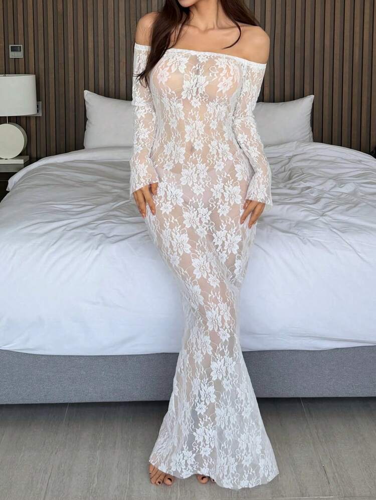 Off-Shoulder Cinched Waist Long Sleeve Hollow Lace Dress, Sexy Nightgown For Women, Spring & Summer