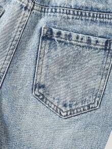SHEIN Quần short jean denim rách cạp cao màu trơn, bạc màu, có gấu quần tua rua và túi rách, thích hợp cho bé gái tuổi teen mùa hè, kiểu dáng rộng rãi, đi biển. - Rửa trung bình - Xem 4