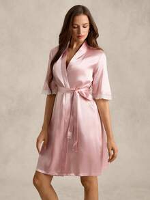 EverLounge Women's Elegant Charmeuse & Lace Cinched Waist Robe, Summer - Pink - View 4