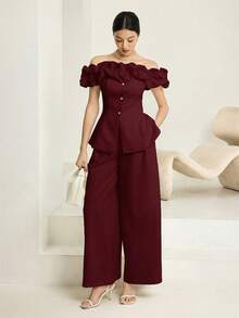 Conjunto de 2 piezas de top con hombros asimétricos y pantalones, elegante y de moda para mujer - Burdeos - Ver 3