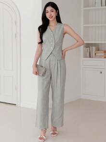 DAZY Women's Casual Sexy Elegant Sleeveless Shirt And Straight Leg Pants 2 Pieces Set, Spring/Summer Golf Pastal - Grey - View 3